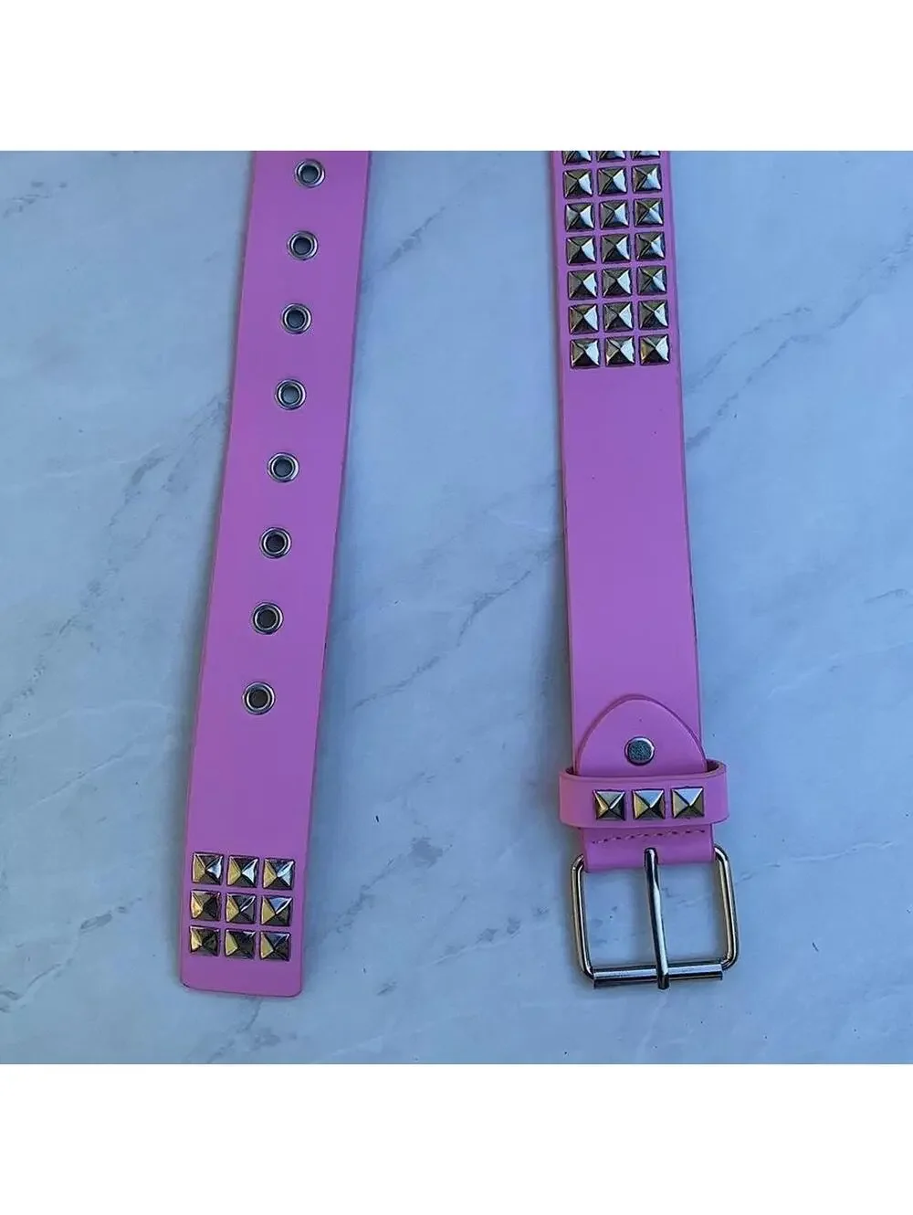 Y2k 2000s style Pink leather with silver studded bel . 39 inches length. Comes n